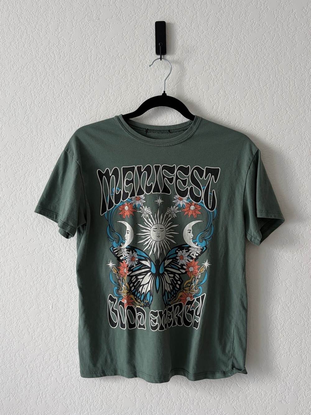 Manifest Good Energy Boho Butterfly Sun Moon Celestial Graphic Tee Olive Green